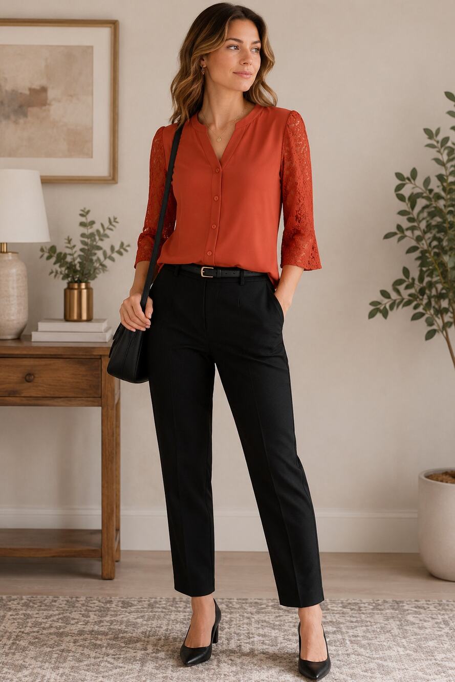 Denim & Company Rust Red Lace Sleeve Button Front Blouse Small